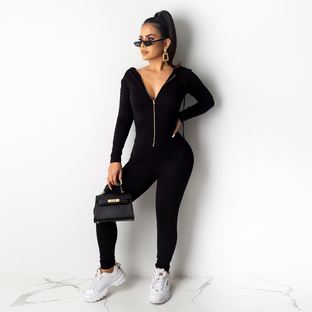 Solid Color Hooded Zipper Long-Sleeve Slim Jumpsuits