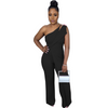 Women Solid Color One-Shoulder Waist Fashion Wide-Leg Jumpsuit