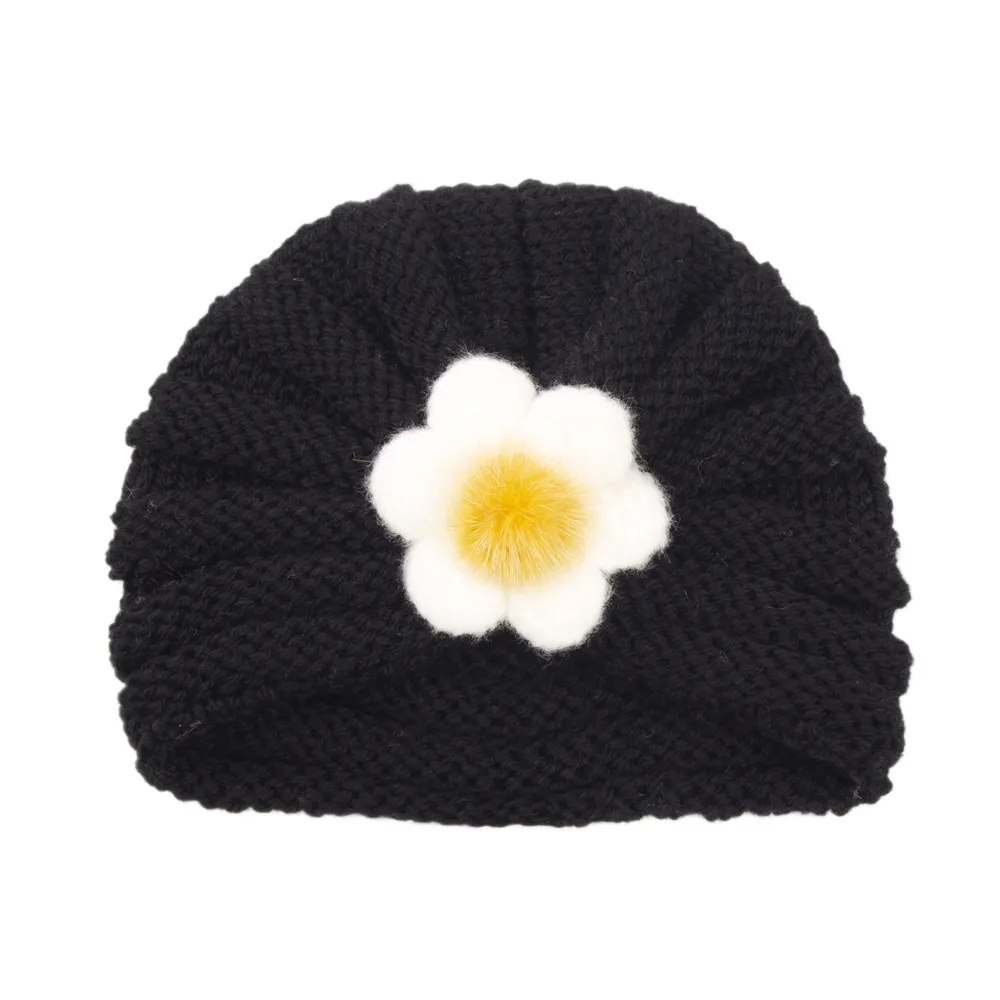 Kids Simple Solid Color Big Flower Warm Woolen Knitted Pullover Hat