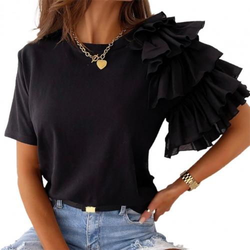 Women Elegant Solid Color Ruffled Short Sleeves Round Neck Loose Summer Blouse