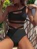 Women'S Solid Color High Waist Triangle One Shoulder Strap Swimsuit Two-Piece Set