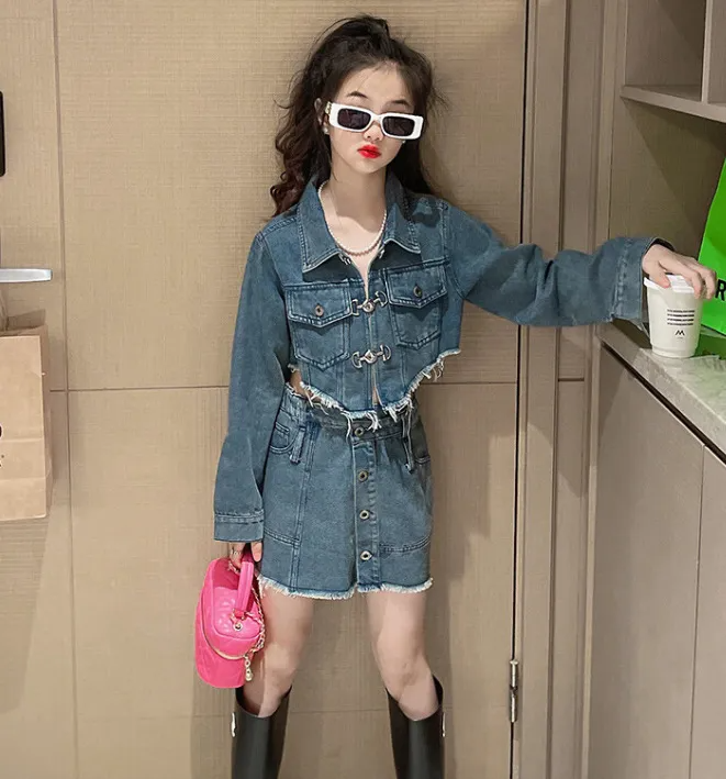 Kids Teen Girl Fashion Irregular Denim Two-Piece Set