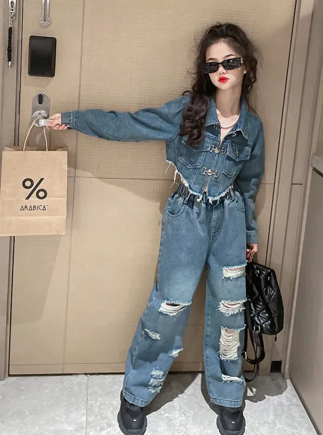 Kids Teen Girl Fashion Irregular Denim Two-Piece Set