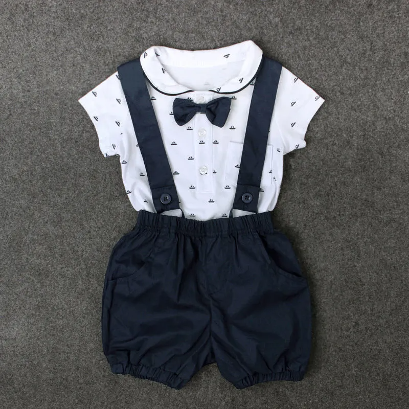 Kids Baby Girls Boys Summer Fashion Casual Cute Bow Small Sailing Pattern Lapel Romper Suspender Trousers Set