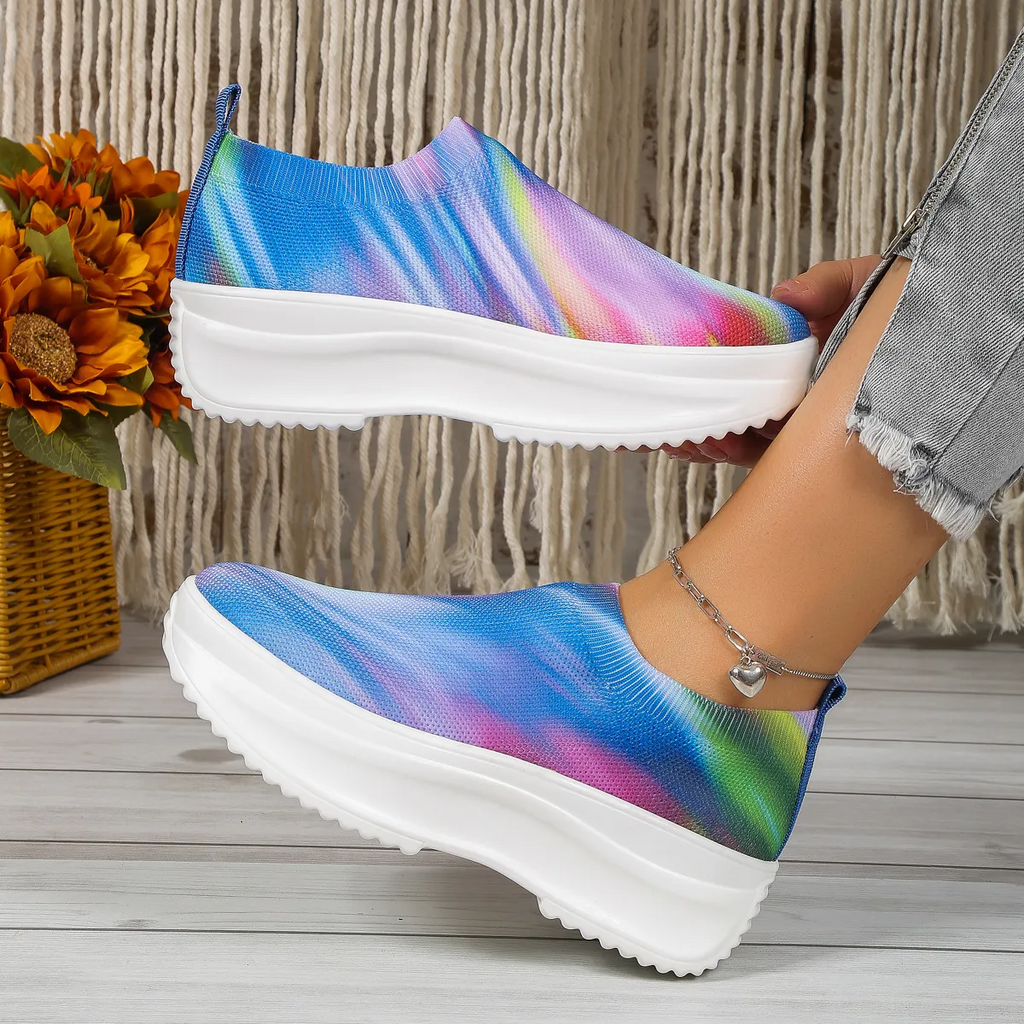 Women Fashion Plus Size Casual Thick-Soled Round-Toed Multicolor Fly-Woven Sneakers