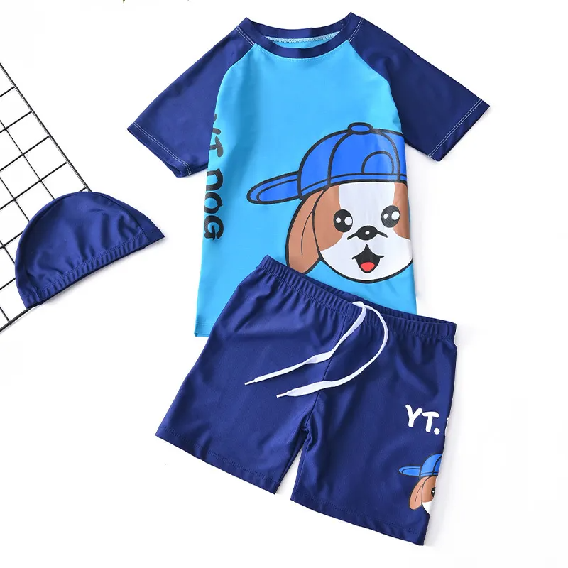 Kids Boys Cute Cartoon Puppy Letter Pattern Round Neck Short Sleeve Top And Elastic Bottom With Cap Set