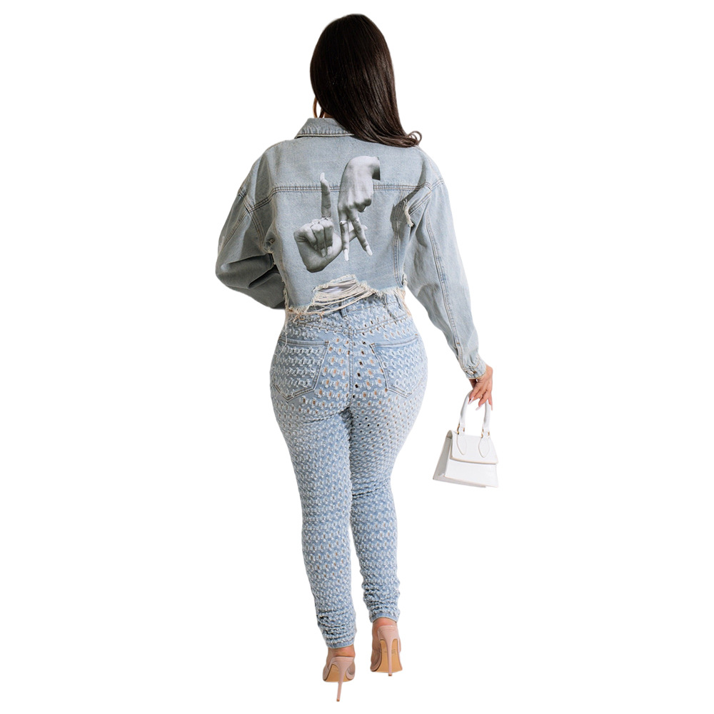 Fashion Women Casual Street Style Letter Print Long Sleeve Cropped Denim Jacket