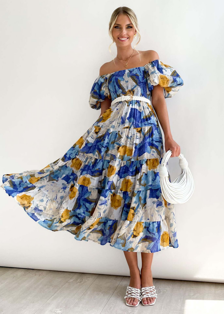 Women'S Temperament Fashion Backless Boat Neck Floral Printing Puff Sleeve Dress