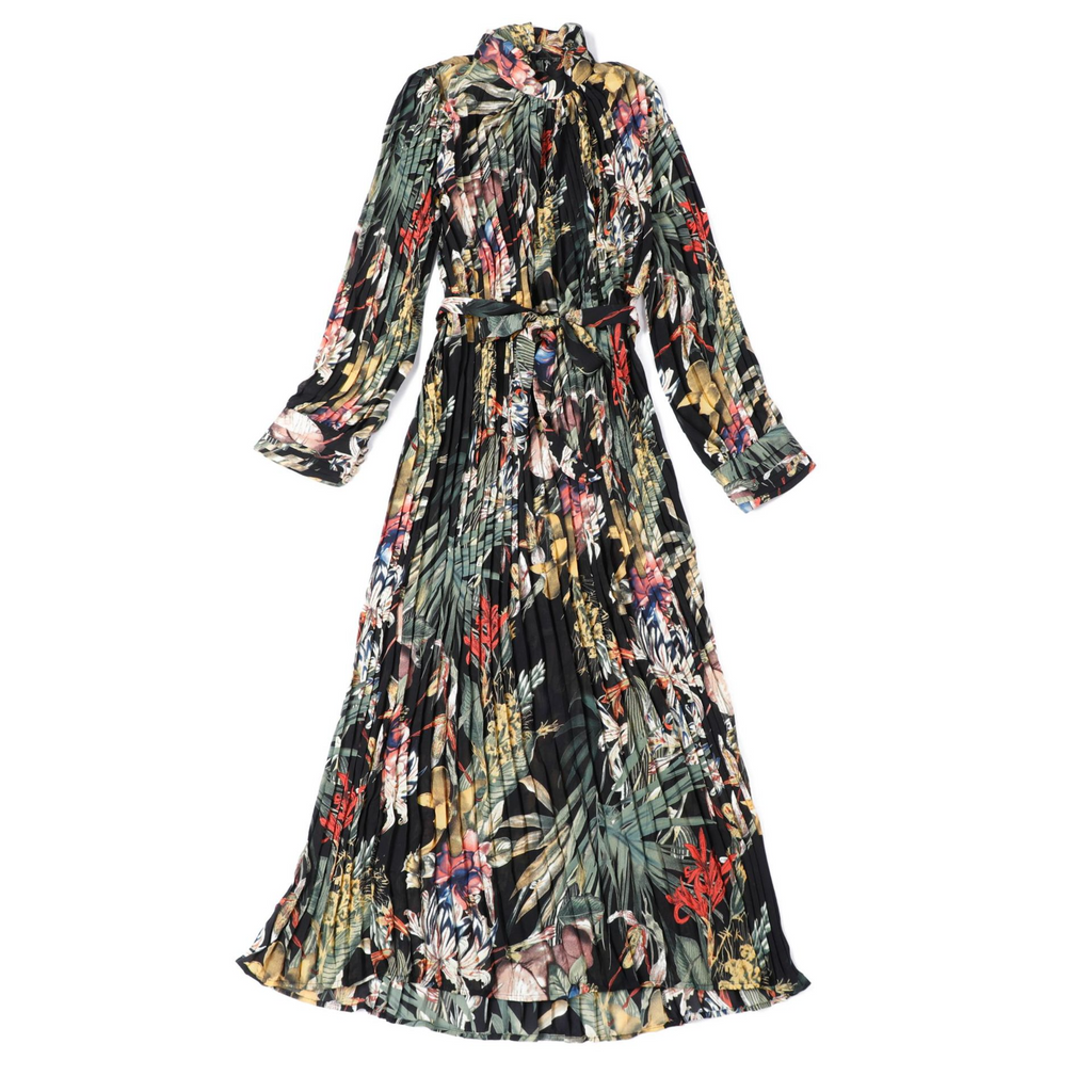 Women Elegant Vacation Loose Stand Collar Pleated Long Sleeves Printed Chiffon Dress