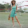 Women Fasion Casual Vacation Stone Print Ruffled Lace-Up Defined Waist Sleeveless Dress