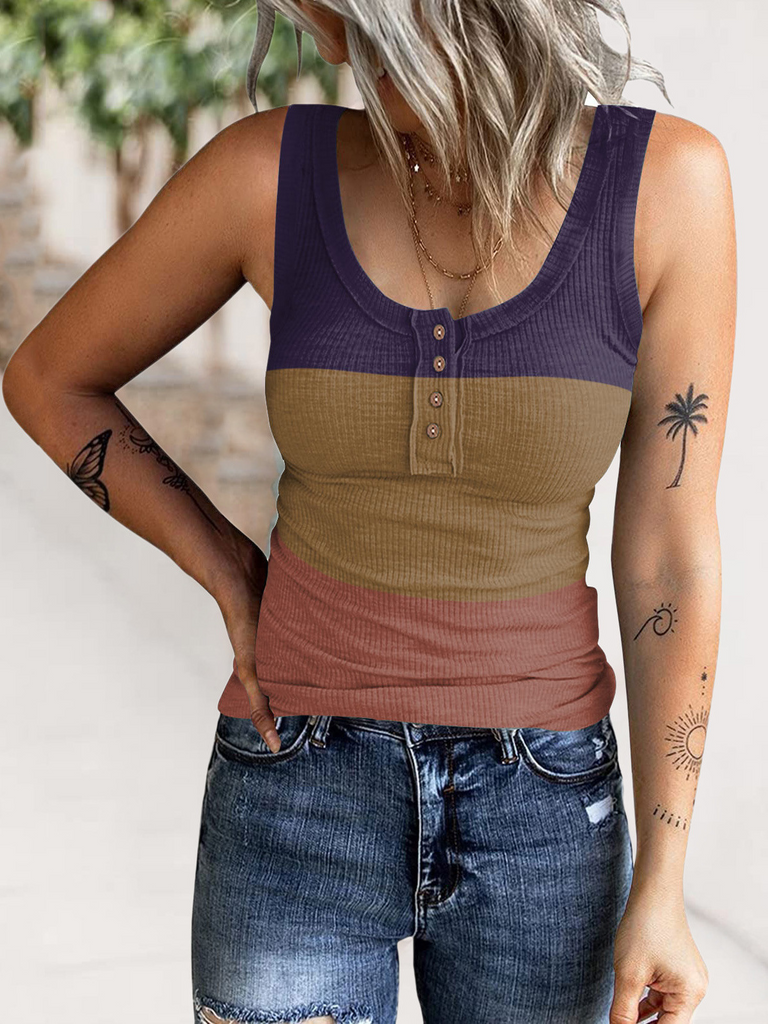 Women'S Fashion Button Rib-Knit Gradient Color Tank Top