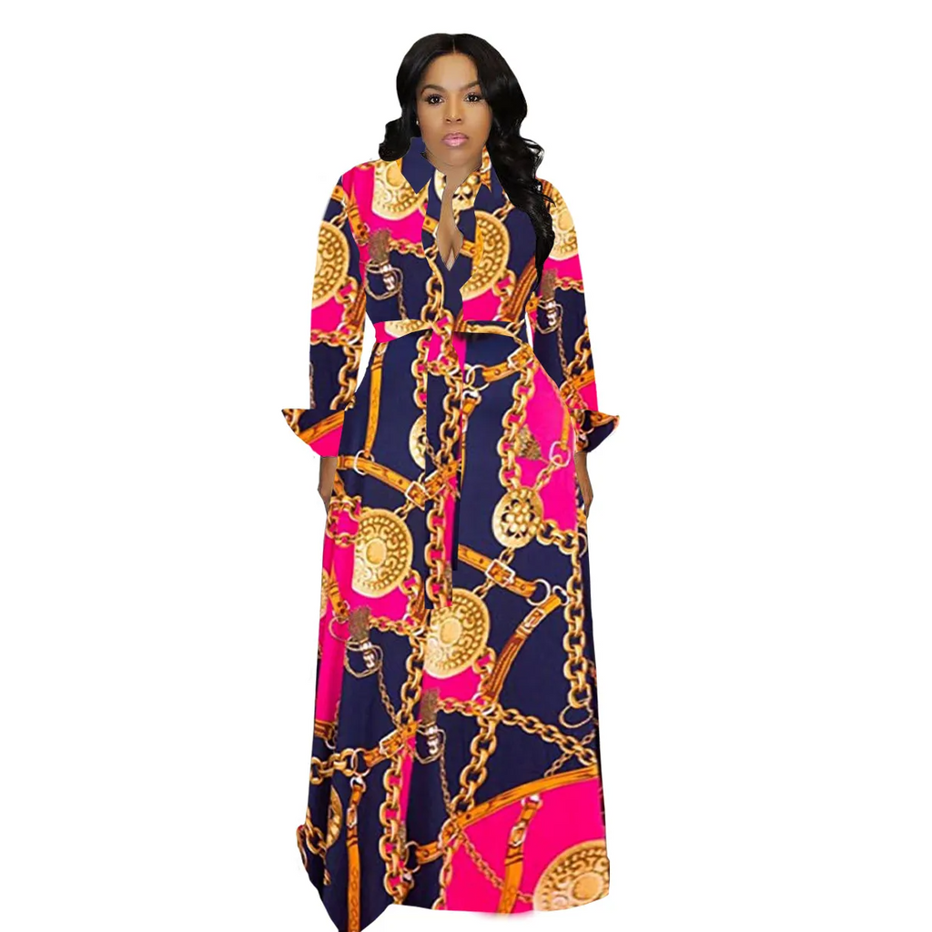 Women Ramadan /Eid Fashion Casual Geometric Printing Lapel Single-Breasted Long Sleeve Dress