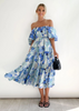 Women'S Temperament Fashion Backless Boat Neck Floral Printing Puff Sleeve Dress