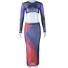 Women Summer Fashion Tie Dye Printed Long Sleeve Backless Top Tight Midi Skirt Set