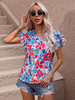 Fashion Women Summer Vacation Floral Print Double Layer Ruffled Short-Sleeved Blouse