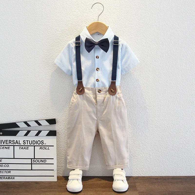 Kids Toddler Big Boys Fashion Casual British Style Solid Color Bow Button Stripe Waistcoat Shirt Suspender Trousers Party Clothing Set