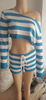 Women Fashion Knitted Stripe Long Sleeve Crop Top Slim Fit Shorts Two-Piece Set