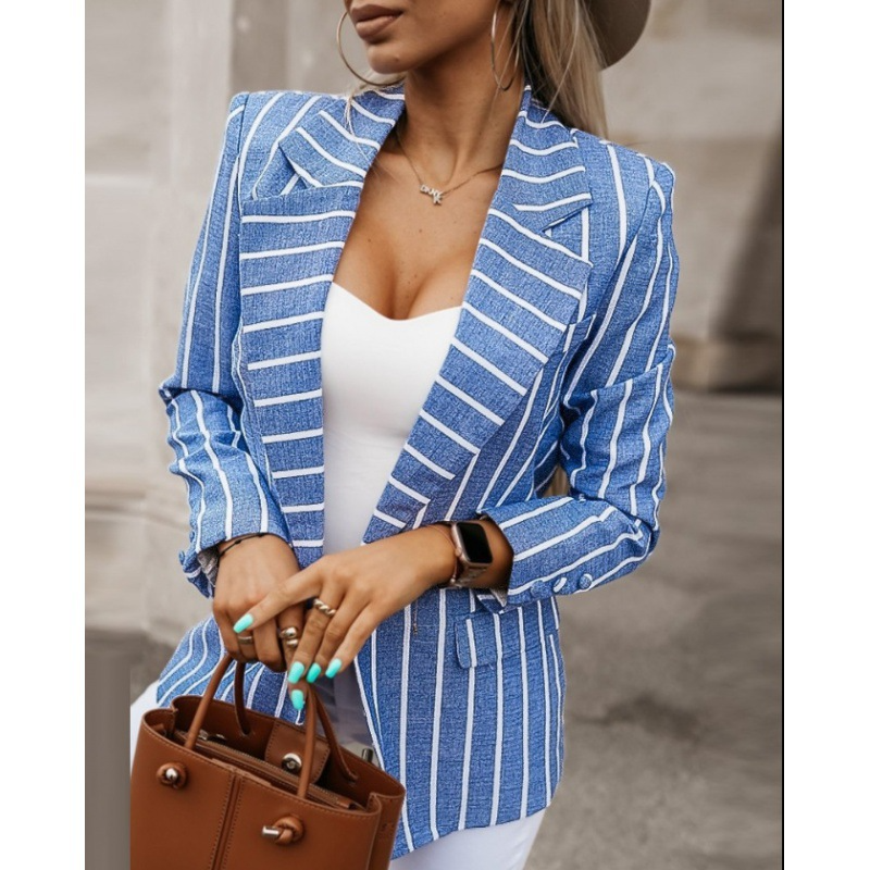 Women Fashion Casual Fashion Stripe Printed Long Sleeve Suit Jacket Blazers