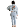 Fashion Women Casual Street Style Letter Print Long Sleeve Cropped Denim Jacket