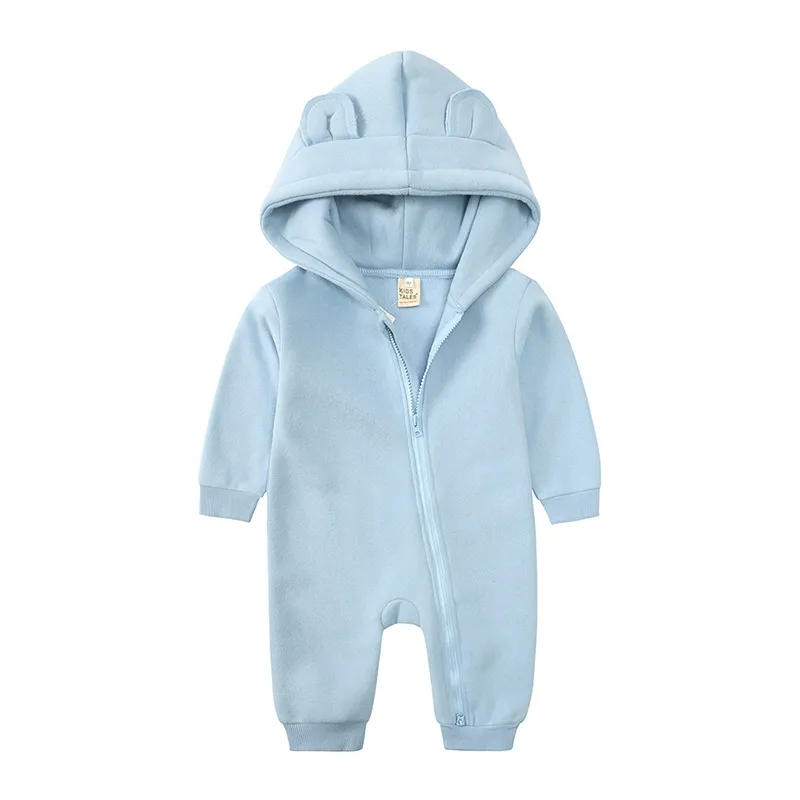 Kids Baby Boys Girls Autumn Winter Casual Cute Solid Color Bear Long Sleeve Hooded Jumpsuit