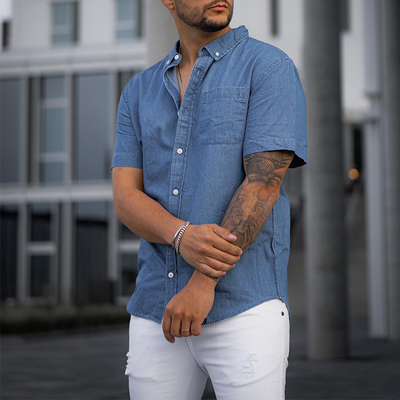 Men'S Fashion Solid Color Imitation Denim Short Sleeve Loose Shirt