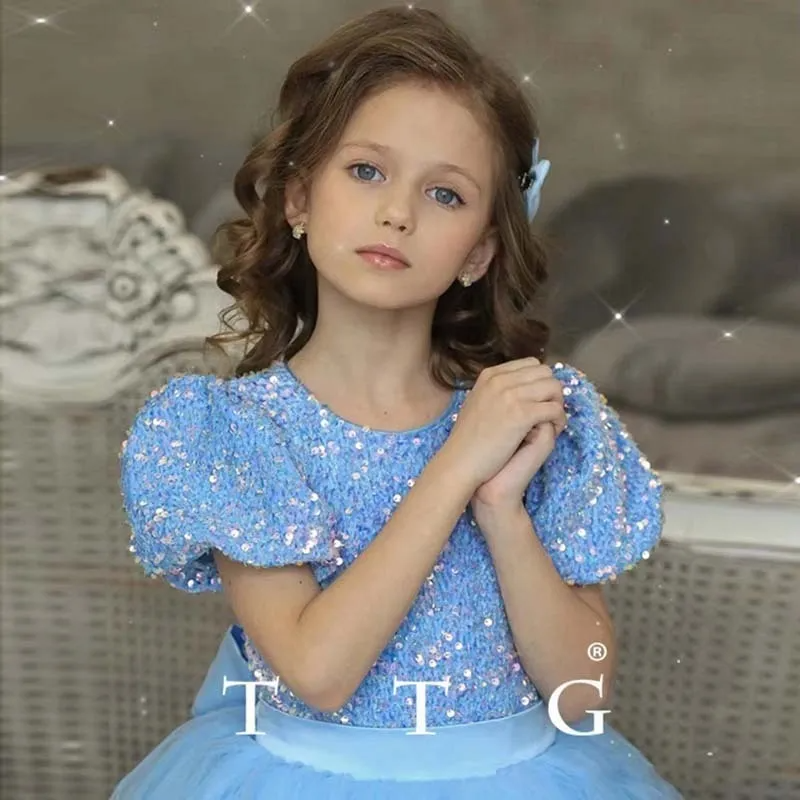 Toddler Girls Casual Cute Party Sequins Mesh Puff Sleeve Round Neck Tutu Princess Dress