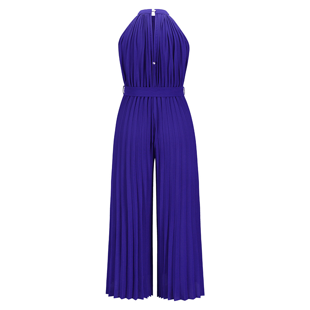 Women Solid Color Halter Neck Pleated Waist Fashion Wide Leg Jumpsuit