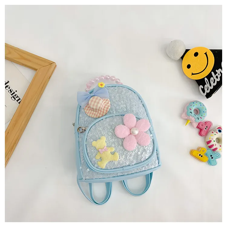 (Buy 1 Get 2) Kids Girls Fashion Cute Casual Sequins Carto Bear Flower Pearl Zipper School Backpack Bag