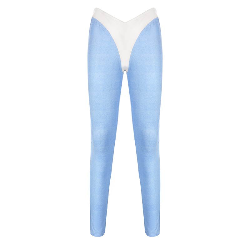 Women Contrasting Color Pu Leather Stitching High Waist Skinny Simple Pencil Pants