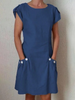 Women Fashion Casual Solid Color Pocket Short Sleeve Dress