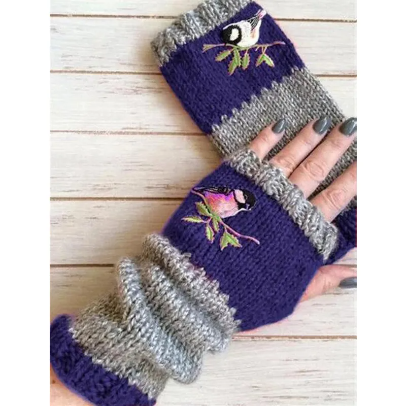 (Buy 1 Get 1) Autumn Winter Women Fashion Warm Stitching Embroidered Half Finger Gloves