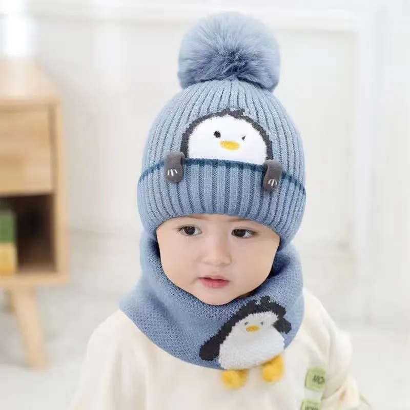 (Buy 1 Get 1)  Kids Unisex Autumn Winter Fashion Casual Cute Solid Color Cartoon Penguin Hat Scarf Two Set