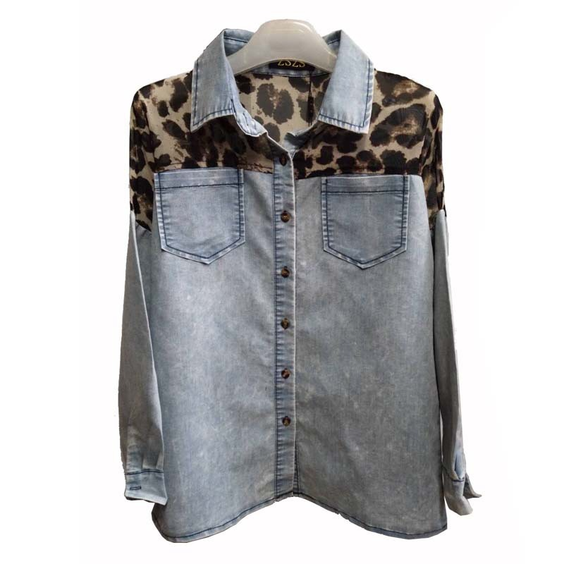 Women'S Fashion Casual Lapel Leopard Printing Denim Patchwork Shirt