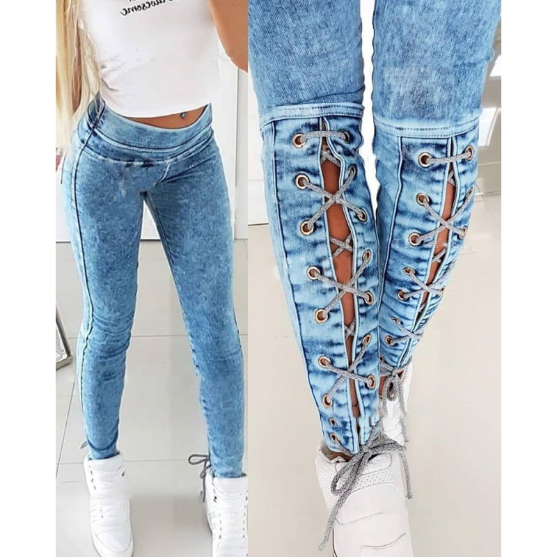 Women'S Fashion Casual Bandage High-Waist Elastic Waist Slim Jeans