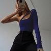 Women Fashion Sexy Edgy Solid Color Irregular Cut Out Long Sleeve Rib-Knit Bodysuit