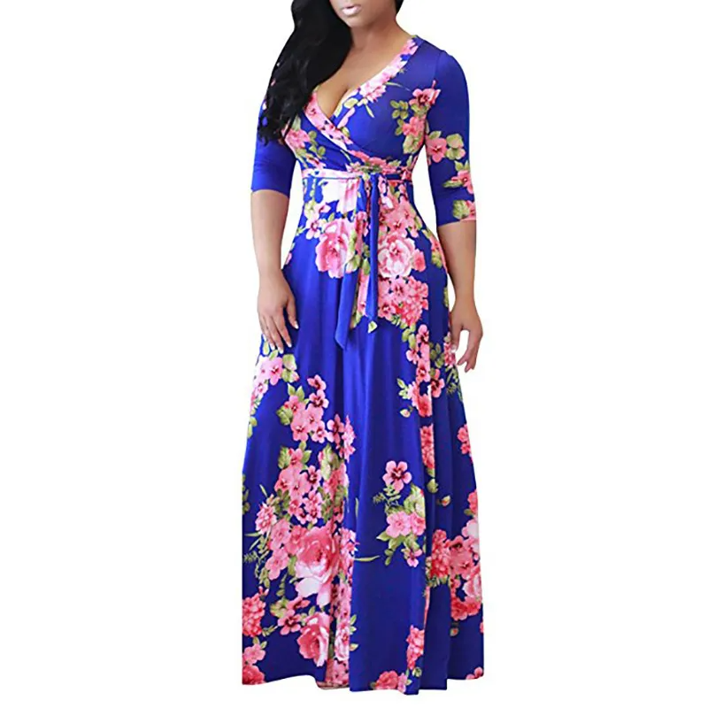 Ramadan /Eid Women Casual V-Neck Long-Sleeve Lace-Up Flower Print Maxi Swing Dress