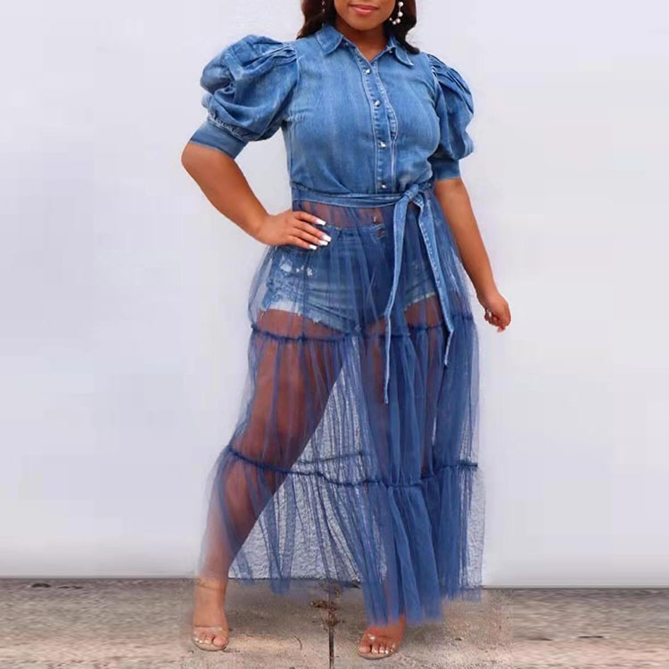 2 Pieces Women'S Fashion Large Size Denim Top Mesh Long Skirt Patchwork Dress