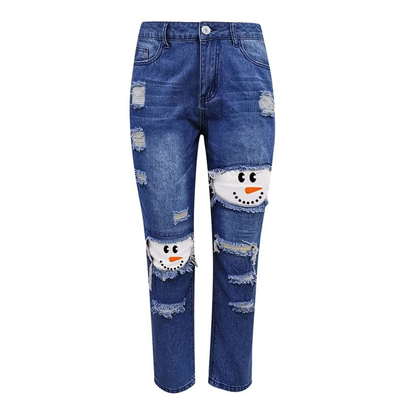 Women'S Fashion Ripped Cartoon Printing Stitching Denim Pants