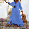 Ramadan /Eid  Women Casual Solid Color Bohemian V-Neck Long Sleeve Cotton And Linen Maxi Dress