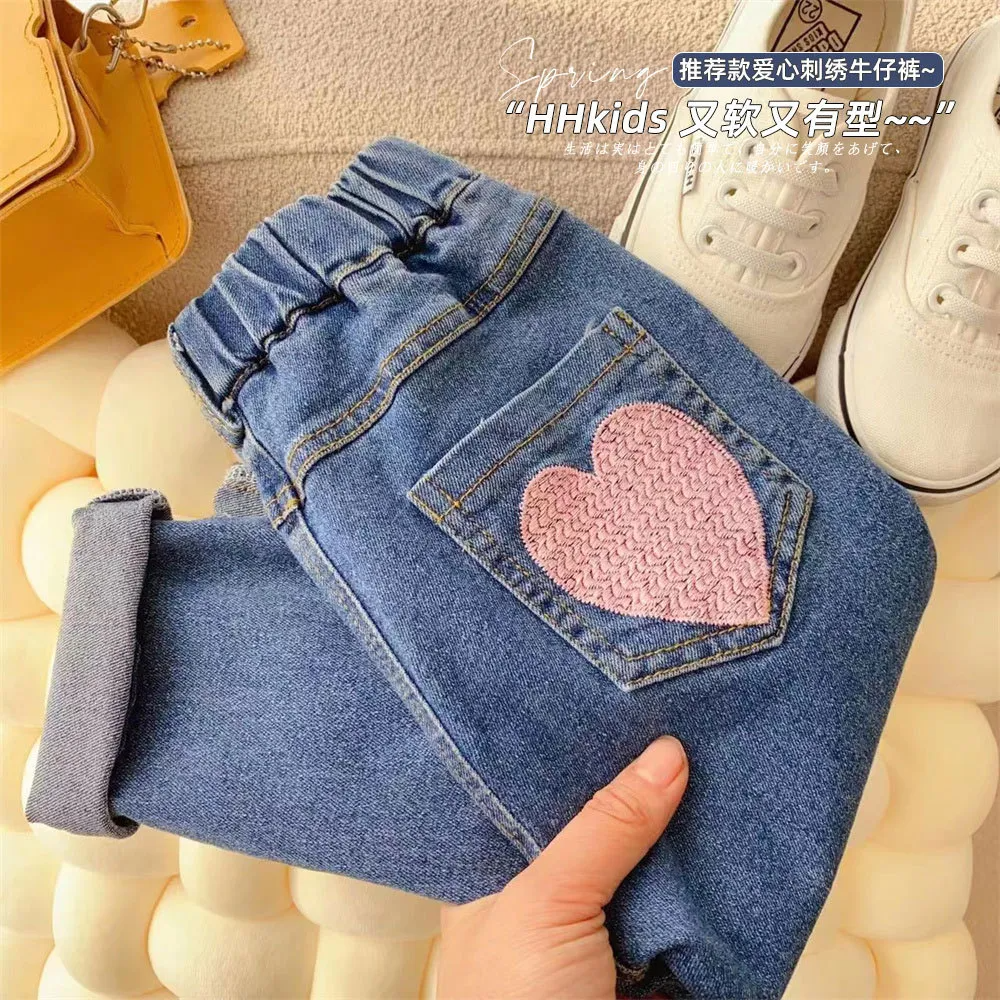 Children Kids Baby Fashion Girls Casual Embroidered Heart Denim Pants