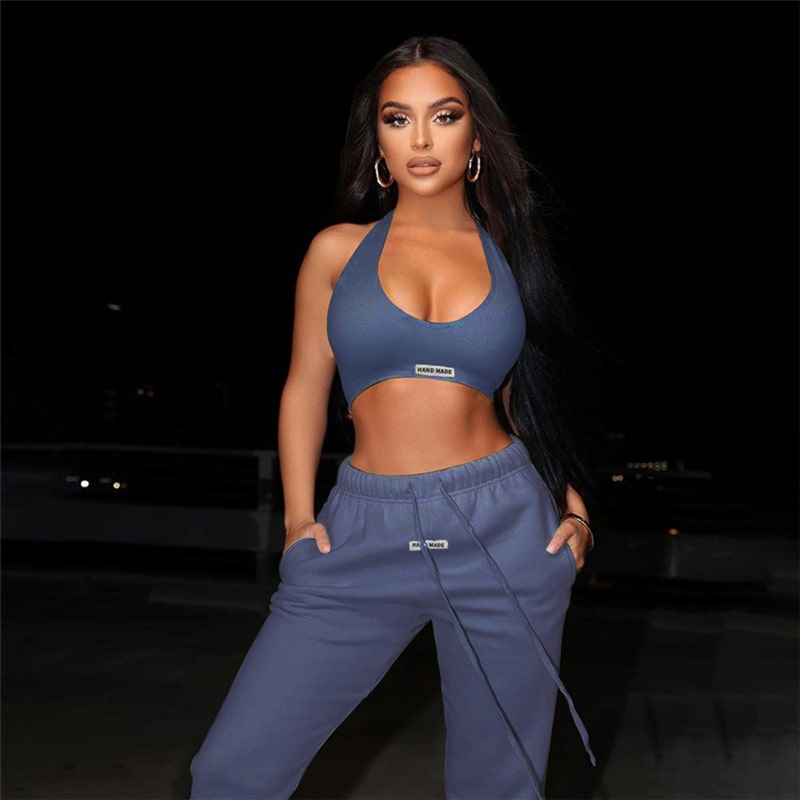 Women Athleisure Solid Color Sleeveless Cut Out Halter Neck Crop Top And Drawstring Waist Jogger Pants Two-Piece Set