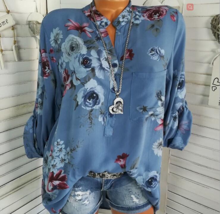 Fashion Casual Loose Floral Print V-Neck Long-Sleeved Women Blouses