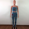 Sexy Sling Tube Top And Pants Patch Design Denim Two Piece Sets