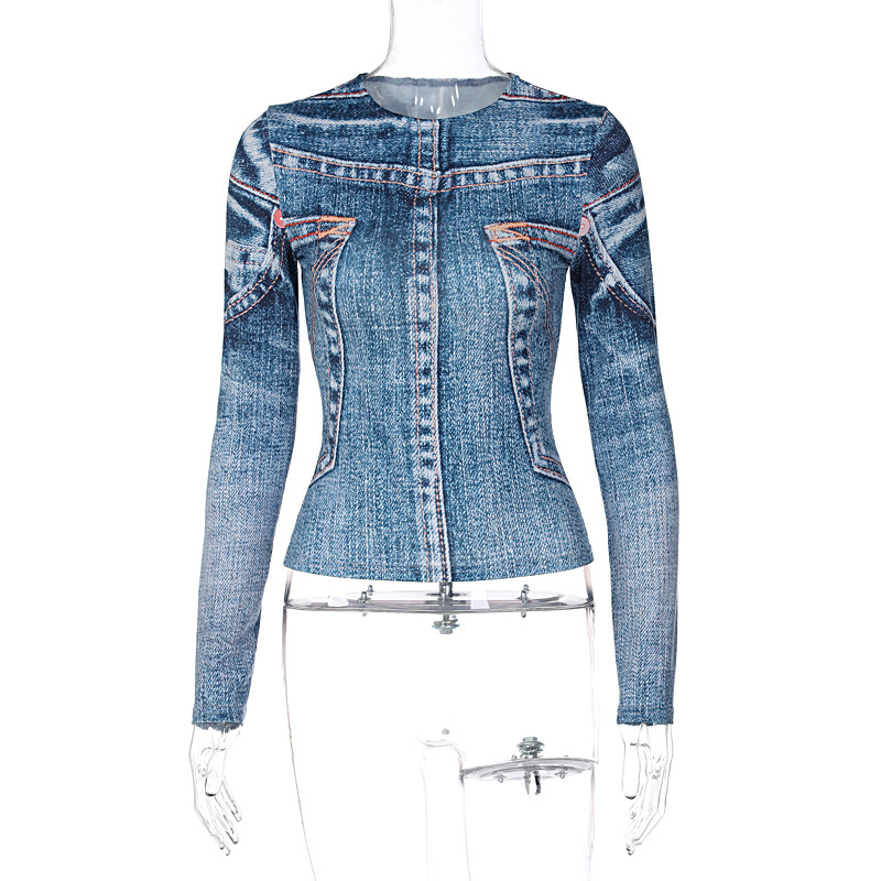 Women Fashion Irregular Denim Blue Print Street Slim Round Neck Long Sleeve Tops