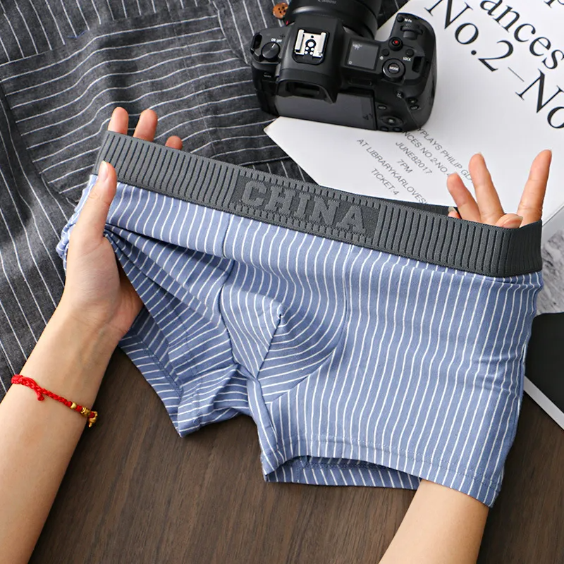 (Buy 1 Get 1) Men Simple Letter Stripe Cotton Mid Waist Boxer Pants