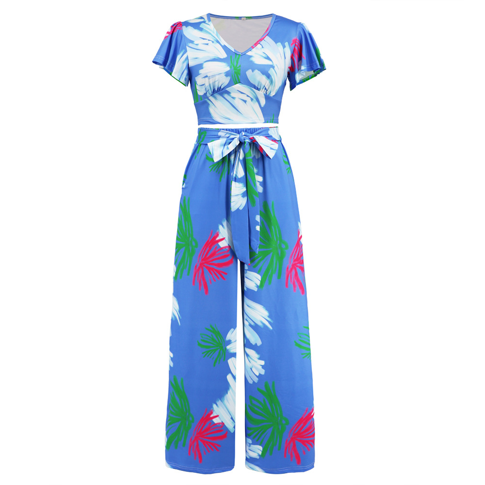 Women Summer Bohemian Print Short-Sleeved Crop Top And Straight Wide-Leg Pants Two-Piece Set