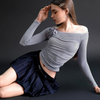 Women Summer Sexy Off-The-Shoulder Long Sleeve Tight-Fitting Pleated Top