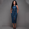 Women Casual Sleeveless Front Zipper Split Denim Midi Dress