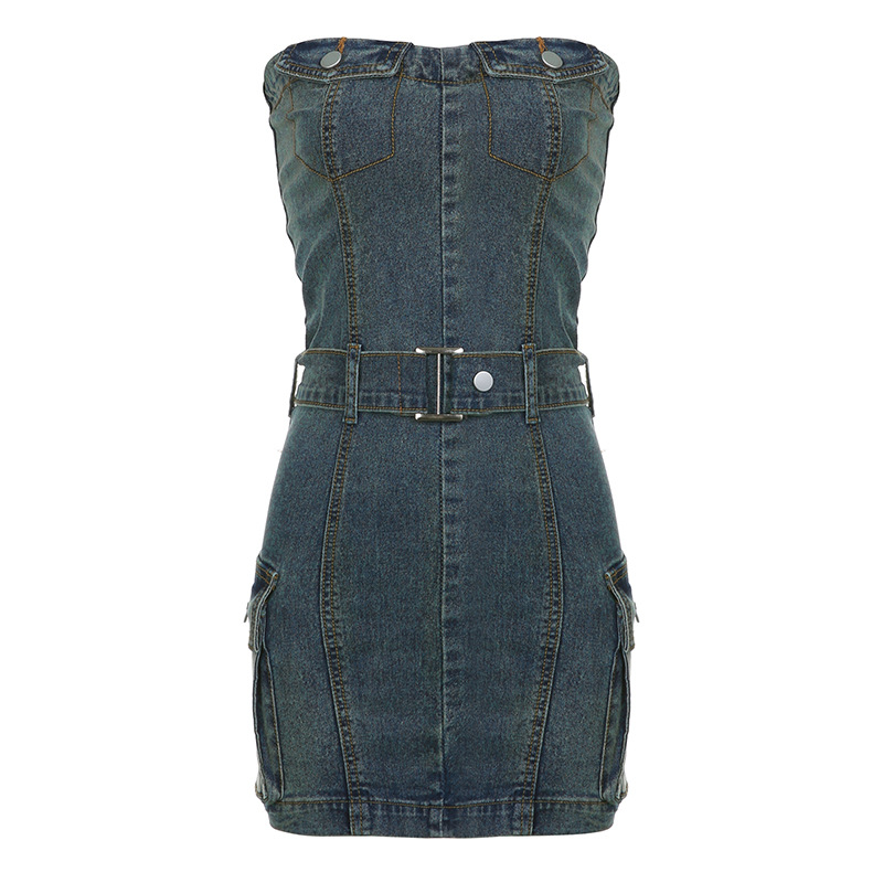 Women'S Fashion Sexy Pocket Defined Waist Backless Denim Tube Dress