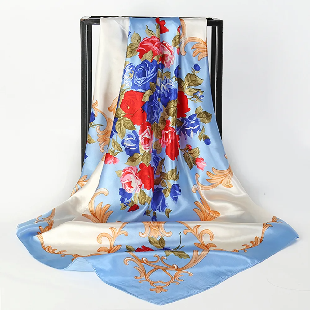 (Buy 1 Get 2) 90*90Cm Women'S Simple Fashion Floral Print Imitation Silk Scarf